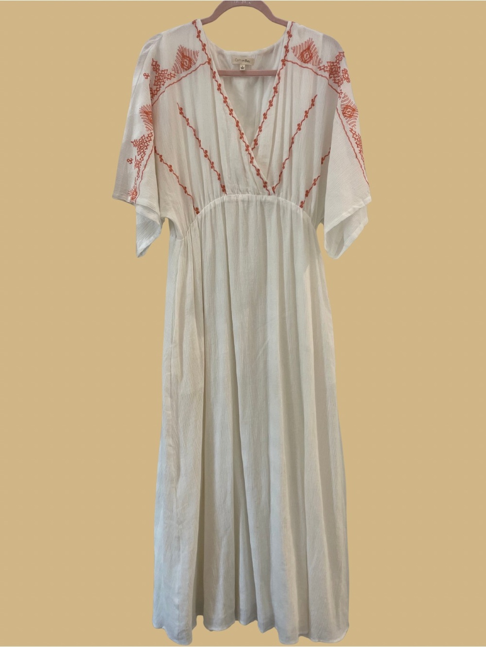 White Maxi Dress with Coral Embroidery — Boho V-Neck Maxi